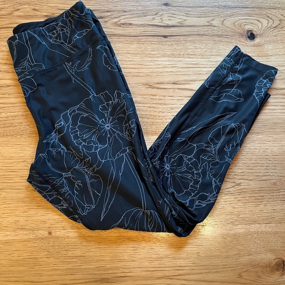 SPALDING Active Athletic Yoga Black Floral Print Stretch Leggings Women's Size L